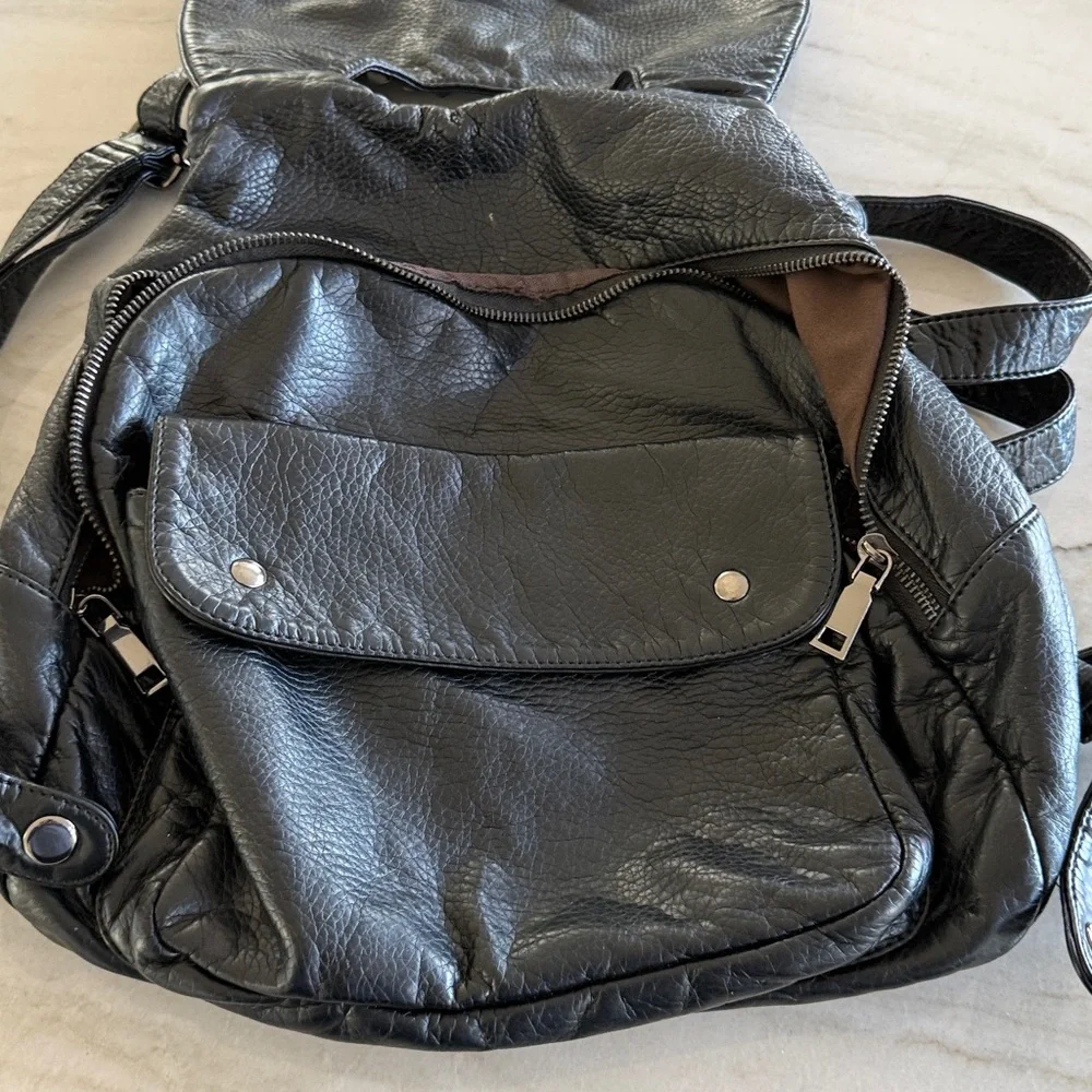 Women Backpack Purse Leather Vegan Ladies PU Washed Leather Shoulder Bag Black